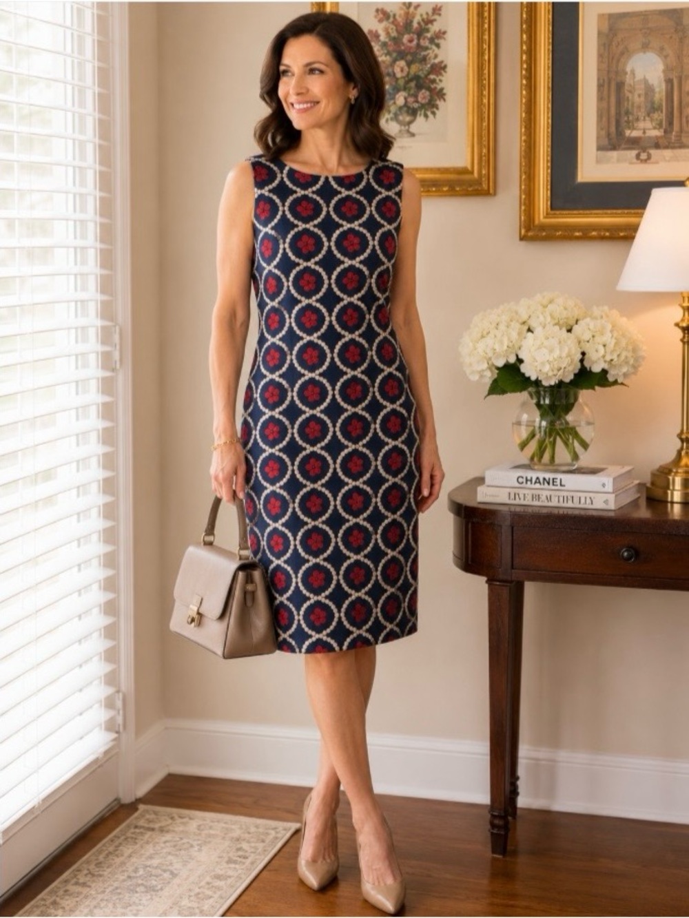 Ivanka Trump Womens Sheath Dress Navy Red Floral Embroidered Sleeveless Sz? READ